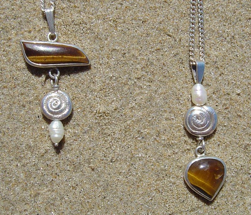 2 Silver, Tigereye and Pearl Pendants